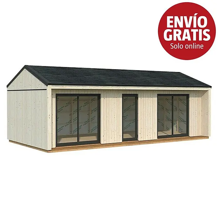 Palmako Caseta de jardín Rebekka - Medidas ext. (An x Pr): 901 x 446 cm, Madera, Natural - Cabaña modular de madera clara con techo negro y tres puertas de cristal con marco oscuro.