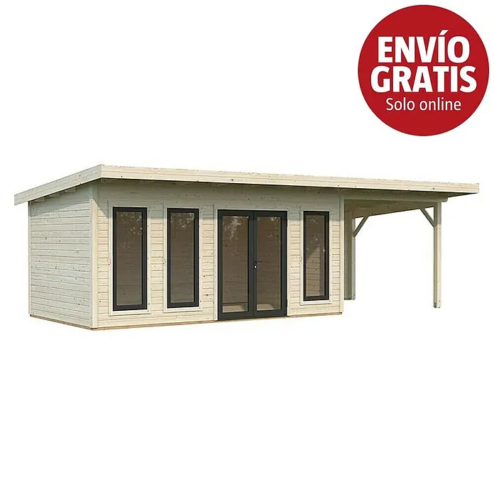 Palmako Caseta de jardín Aurelia - Medidas ext. (An x Pr): 855 x 404 cm, Madera, Natural - Caseta de jardín de madera clara con techo plano, ventanas oscuras, puertas dobles y porche lateral.
