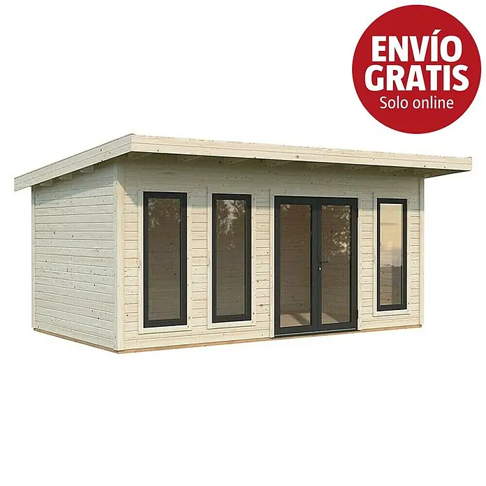 Palmako Caseta de jardín Aurelia - Medidas ext. (An x Pr): 574 x 404 cm, Madera, Natural - Caseta de jardín de madera clara con varias ventanas de marco oscuro y una puerta doble.
