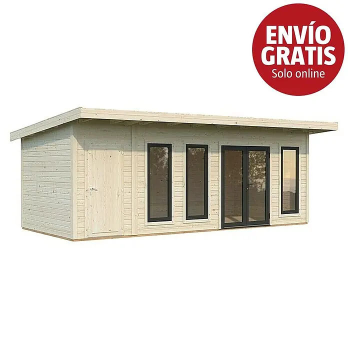 Palmako Caseta de jardín Aurelia - Medidas ext. (An x Pr): 714 x 404 cm, Madera, Natural - Caseta de jardín moderna de madera clara con techo plano, puerta de madera y múltiples ventanas y puertas de cristal.