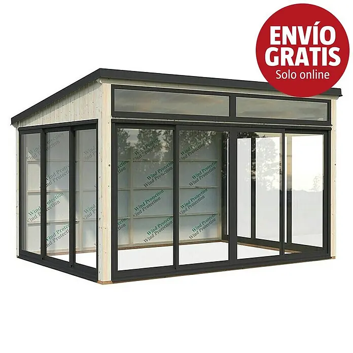 Palmako Caseta de jardín Saga Slide Plus - L x An: 297 x 420 cm, Natural, Doble acristalamiento de 24 mm, Puerta corredera - Invernadero de jardín moderno con paredes de madera clara y paneles de vidrio con marcos oscuros.