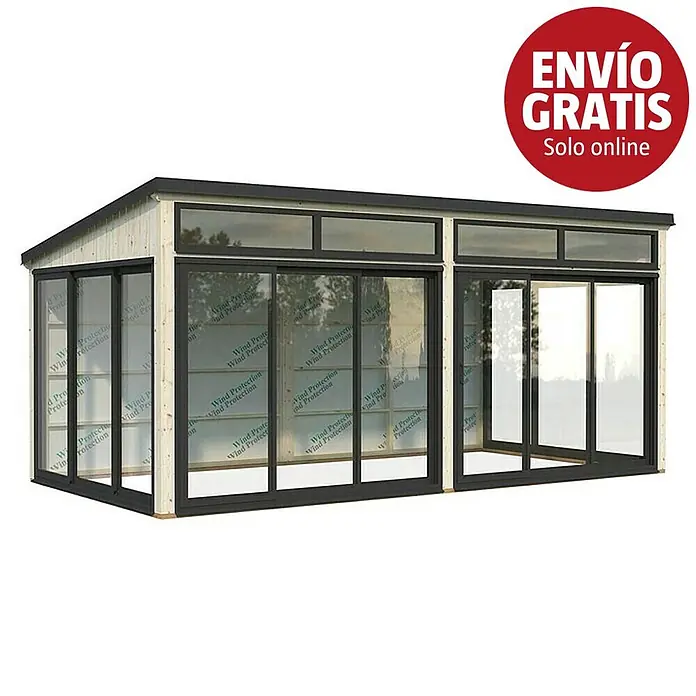 Palmako Caseta de jardín Saga Slide Plus - L x An: 297 x 582 cm, Natural, Doble acristalamiento de 24 mm, Puerta corredera - Estructura exterior moderna de madera clara y vidrio con marcos oscuros, con grandes puertas corredizas.
