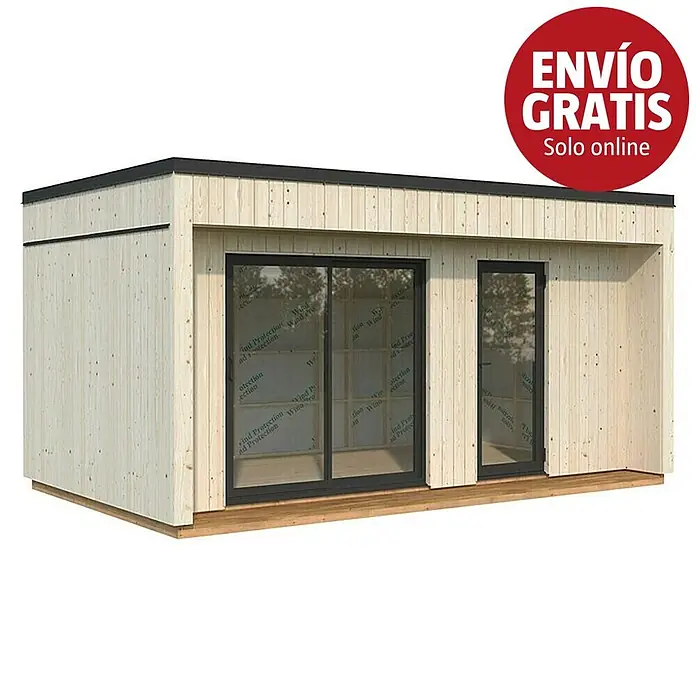 Palmako Caseta de jardín Johanna - Medidas ext. (An x Pr): 562 x 339 cm, Madera, Natural - Una moderna caseta de jardín de madera con techo negro, puertas correderas y una puerta individual de cristal negro.