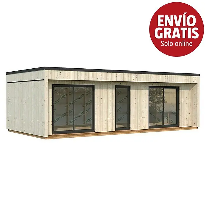Palmako Caseta de jardín Johanna - Medidas ext. (An x Pr): 901 x 448 cm, Madera, Natural - Edificio modular moderno de madera clara con puertas correderas negras y techo plano.
