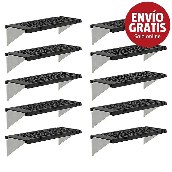 Palram – Canopia Estantería para invernadero - 64,5 x 27 x 17,3 cm, Negro, Número de baldas: 10 ud. - Varias estanterías perforadas negras con soportes de montaje plateados, aptas para drenaje o almacenamiento.