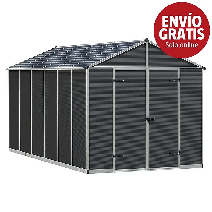 Palram – Canopia Caseta de jardín Rubicon - Medidas ext. (An x Pr): 2,37 x 4,52 m, Plástico, Gris - Cobertizo de jardín de metal gris oscuro con techo a dos aguas y puertas dobles, con marcos plateados.