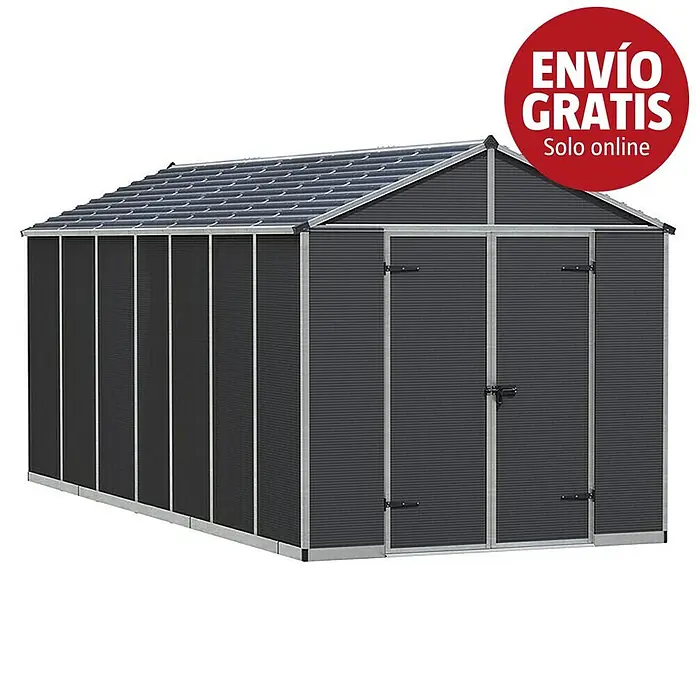 Palram – Canopia Caseta de jardín Rubicon - Medidas ext. (An x Pr): 2,37 x 5,28 m, Plástico, Gris - Caseta de jardín metálica gris oscuro con superficie estriada, tejado a dos aguas y puertas dobles.