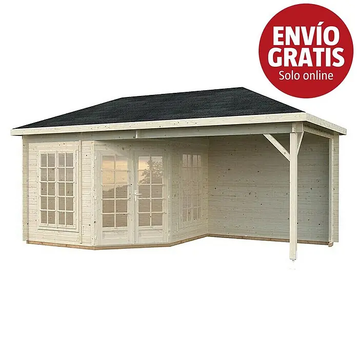 Palmako Caseta de jardín Melanie - Medidas ext. (An x Pr): 599 x 322 cm, Madera, Natural, 20 m² - Caseta de jardín de madera clara con techo oscuro y porche cubierto.