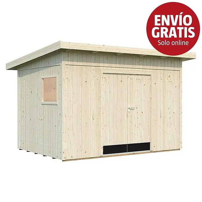 Palmako Caseta de jardín Stig - Medidas ext. (An x Pr): 394 x 305 cm, Madera, Natural - Caseta de jardín de madera clara con ventana pequeña, doble puerta y techo plano.