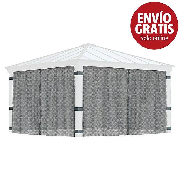 Palram – Canopia Cortina mosquitera para cenador Dallas - An x Al: 435 x 212 cm, Gris - Cenador blanco con techo de estructura blanca y paredes laterales de malla gris.