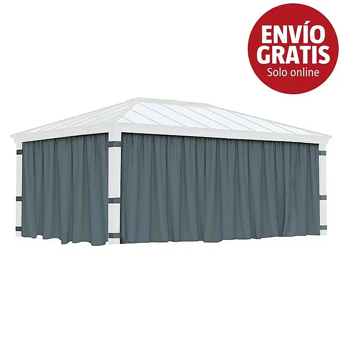 Palram – Canopia Pared lateral de pérgola Dallas - An x Al: 533 x 212 cm, Específico para: Cenador Dallas, Gris - Cenador blanco con cortinas grises de privacidad para exterior.