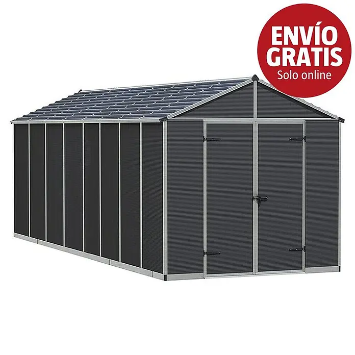 Palram – Canopia Caseta de jardín Rubicon - Medidas ext. (An x Pr): 2,37 x 6,02 m, Plástico, Gris - Cobertizo de jardín de metal gris oscuro con techo a dos aguas y puertas dobles.
