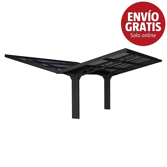 Palram – Canopia Carport Sydney Wings - Medidas ext. (An x Pr): 5,72 x 5,86 m, Negro - Cochera negra con techo inclinado de dos partes hecho de paneles translúcidos oscuros, soportada por robustos postes negros.