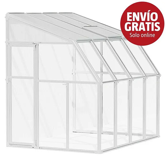 Palram – Canopia Terraza Solarium Sun Room - Medidas ext. (An x Pr): 260 x 200 cm, Plástico, Blanco - Invernadero blanco con paneles transparentes y techo inclinado, con una puerta en el lado izquierdo.