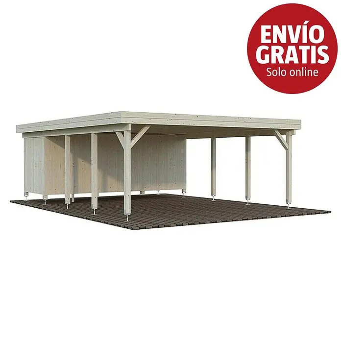 Palmako Carport con trastero Karl - Medidas ext. (An x Pr): 600 x 762 cm, Carport doble, Natural - Carport de madera clara con área de almacenamiento integrada sobre una base pavimentada oscura.