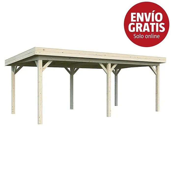 Palmako Pérgola estándar Lenna Set L - L x An: 628 x 340 cm, Madera, Natural - Un carport o pérgola de madera clara con techo plano, sostenido por múltiples postes y tirantes diagonales.