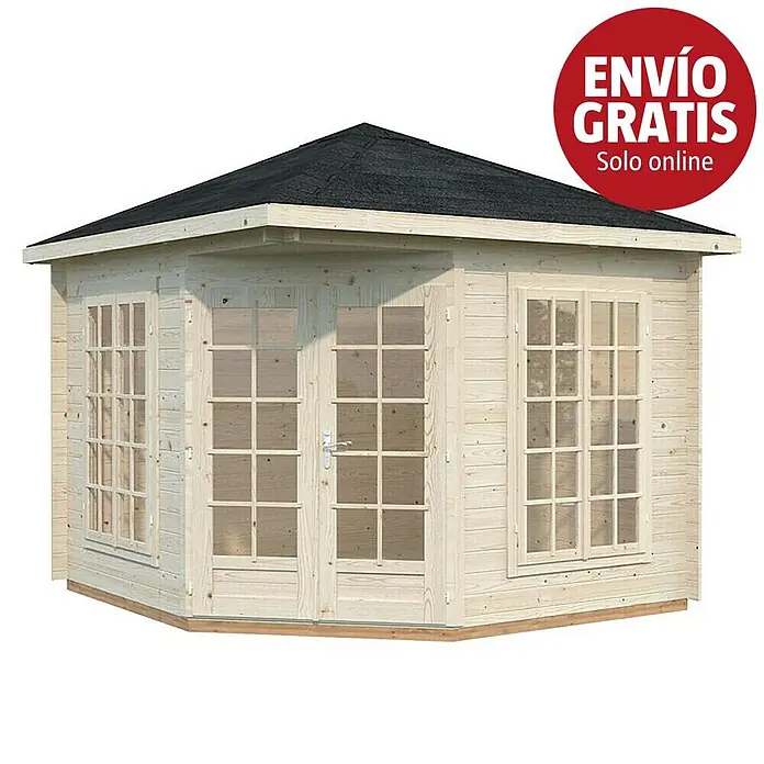 Palmako Caseta de jardín Melanie - Medidas ext. (An x Pr): 322 x 322 cm, Madera, Natural, 7 m² - Caseta de jardín de madera clara con varias ventanas y techo oscuro, con doble puerta frontal.