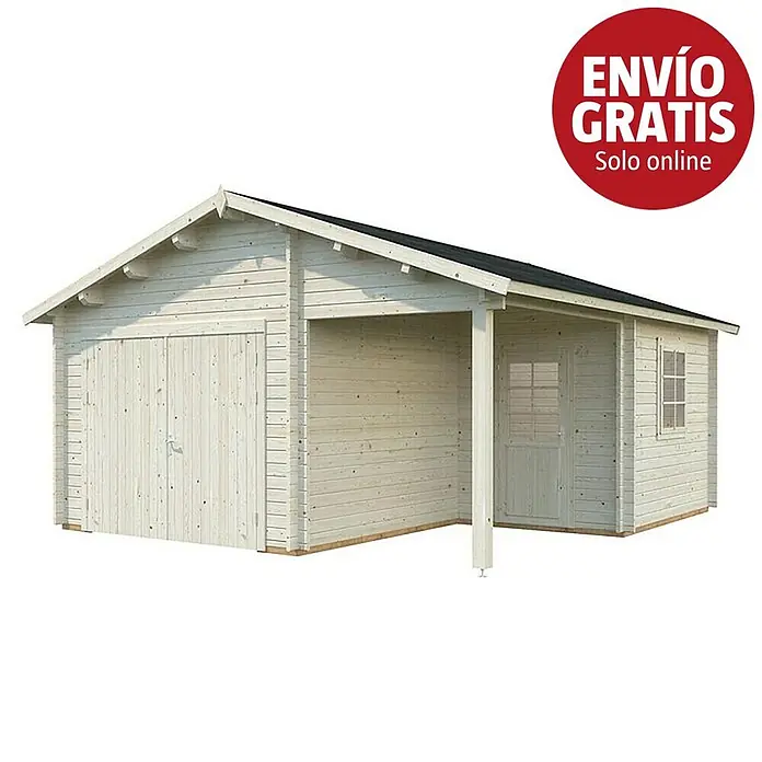 Palmako Garaje Roger con puerta abatible - Medidas ext. (An x Pr): 564 x 601 cm, Madera, Natural, 27,1 m² - Garaje y caseta de madera clara con pequeña zona de porche.