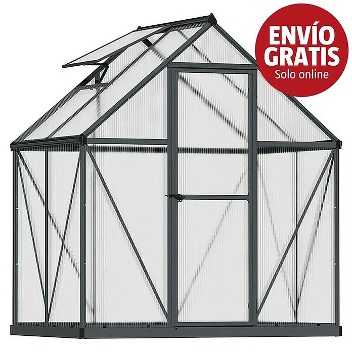 Palram – Canopia Invernadero Mythos - Medidas ext. (An x Pr): 185 x 126 cm, Material de la pared lateral: Plástico, 4 mm, Gris - Invernadero con estructura gris, paneles ondulados transparentes y ventana de techo abierta.
