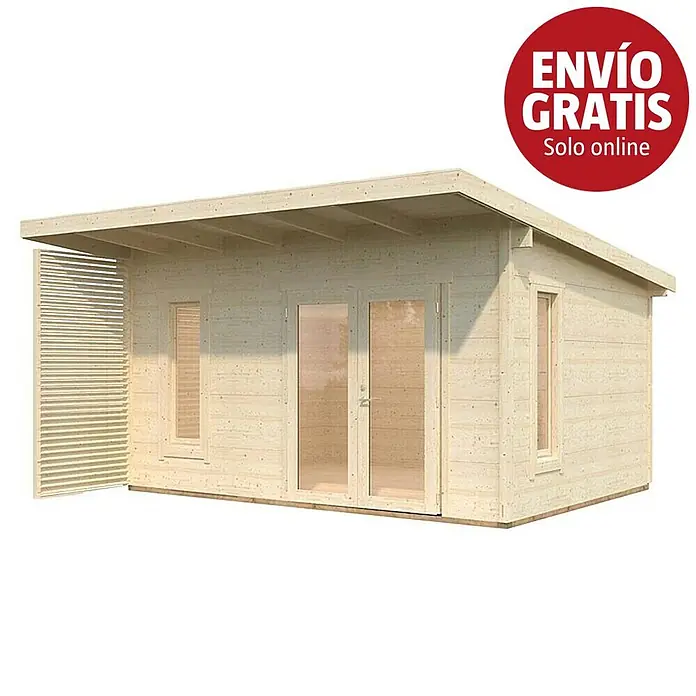 Palmako Caseta de jardín Grace - Medidas ext. (An x Pr): 483 x 497 cm, Madera, Natural - Caseta de jardín de madera clara con techo plano, puertas dobles de cristal, ventana y panel lateral de lamas.