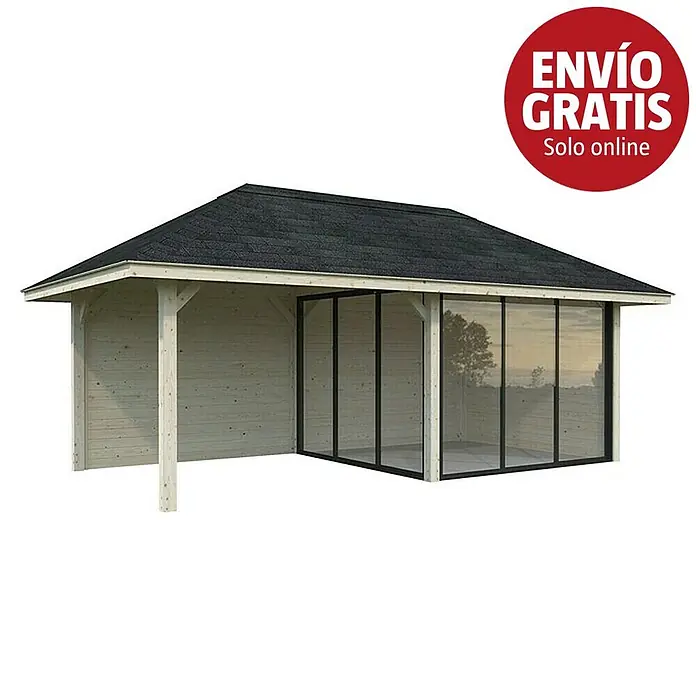 Palmako Caseta de jardín Bianca Set 505 Slide Plus - Medidas ext. (An x Pr): 672 x 384 cm, Madera, Natural - Pabellón de jardín de madera clara con techo negro y grandes paneles transparentes, ideal para un espacio exterior cubierto.