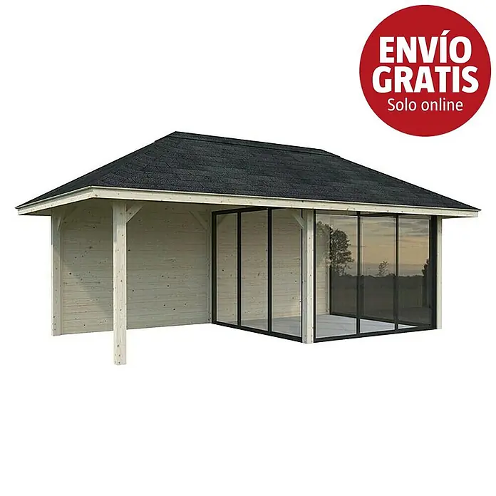 Palmako Caseta de jardín Bianca Set 506 Slide Plus - Medidas ext. (An x Pr): 672 x 384 cm, Madera, Natural - Cenador de madera clara con techo de tejas oscuras y cerramiento acristalado.