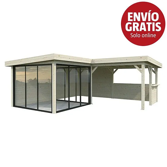 Palmako Caseta de jardín Lenna Set 410 Slide - Medidas ext. (An x Pr): 628 x 628 cm, Madera, Natural - Cenador de jardín de madera con sección acristalada y área de pérgola abierta.