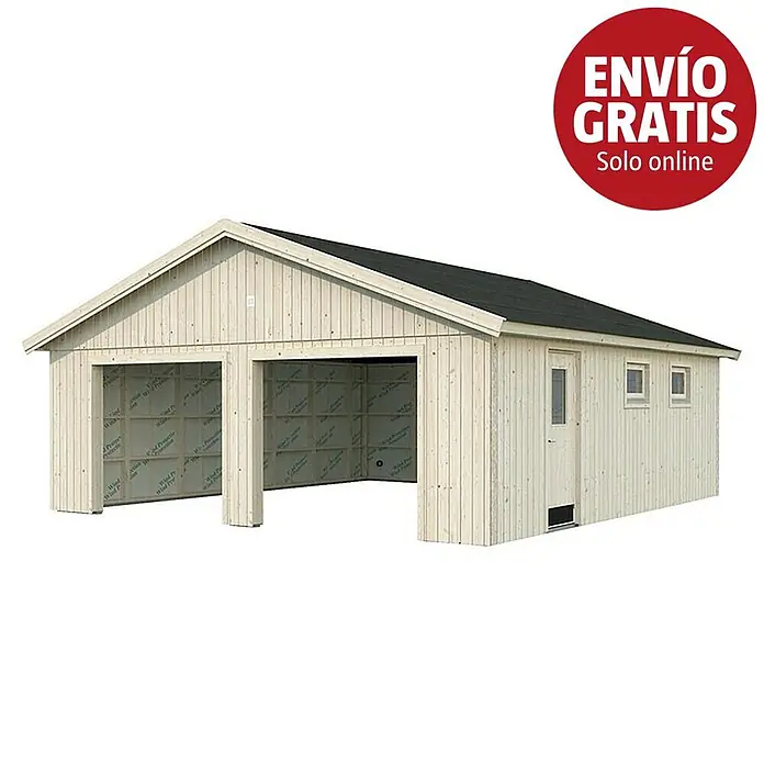 Palmako Garaje Andre sin puerta - Medidas ext. (An x Pr): 712 x 779 cm, Madera, Natural, 44,7 m² - Garaje doble de madera clara con dos entradas, una puerta lateral y dos ventanas. Ideal para vehículos.