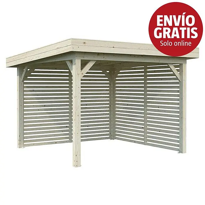 Palmako Pérgola estándar Lenna Set 302 - L x An: 340 x 340 cm, Madera, Natural - Pérgola de madera clara con techo plano y paredes de lamas, que ofrece refugio para jardín o exterior.