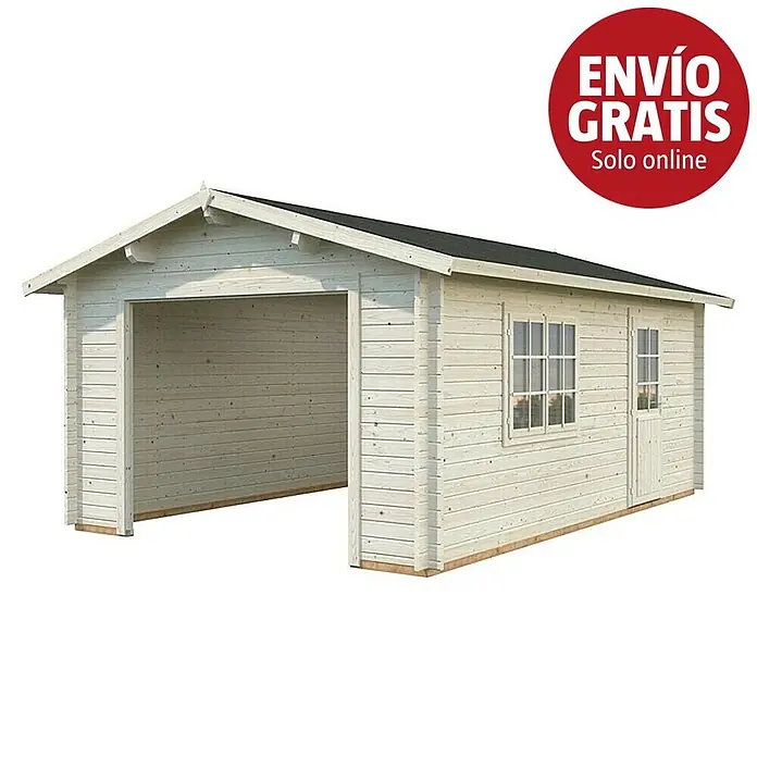 Palmako Garaje Roger - Medidas ext. (An x Pr): 426 x 598 cm, Madera, Natural, 19 m² - Garaje de madera clara con techo negro, entrada abierta, ventana y puerta lateral.