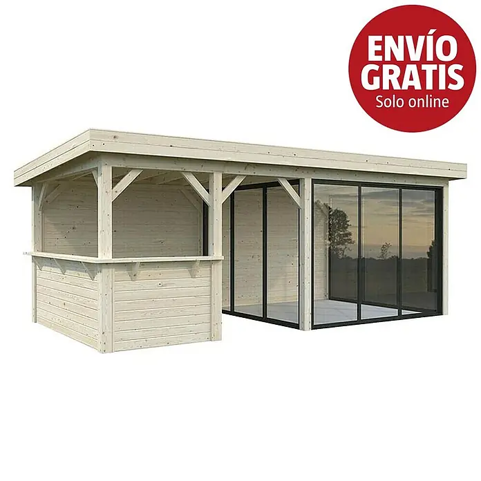 Palmako Caseta de jardín Lenna Set 708 Slide Plus - Medidas ext. (An x Pr): 628 x 340 cm, Madera, Natural - Pabellón de jardín de madera clara con barra abierta y sección cerrada con puertas corredizas de cristal.
