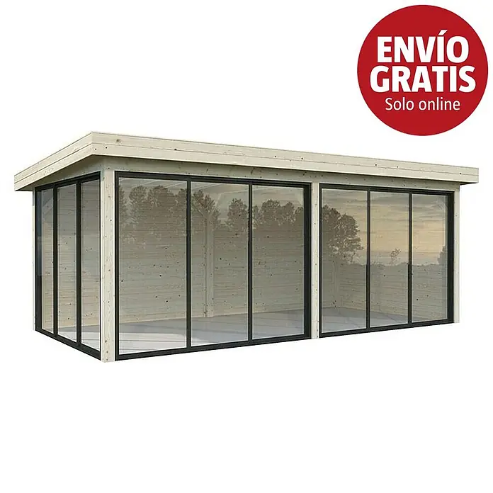 Palmako Caseta de jardín Lenna Set 402 Slide - Medidas ext. (An x Pr): 628 x 340 cm, Madera, Natural - Cabaña de jardín de madera clara con grandes puertas correderas de cristal con marco negro.