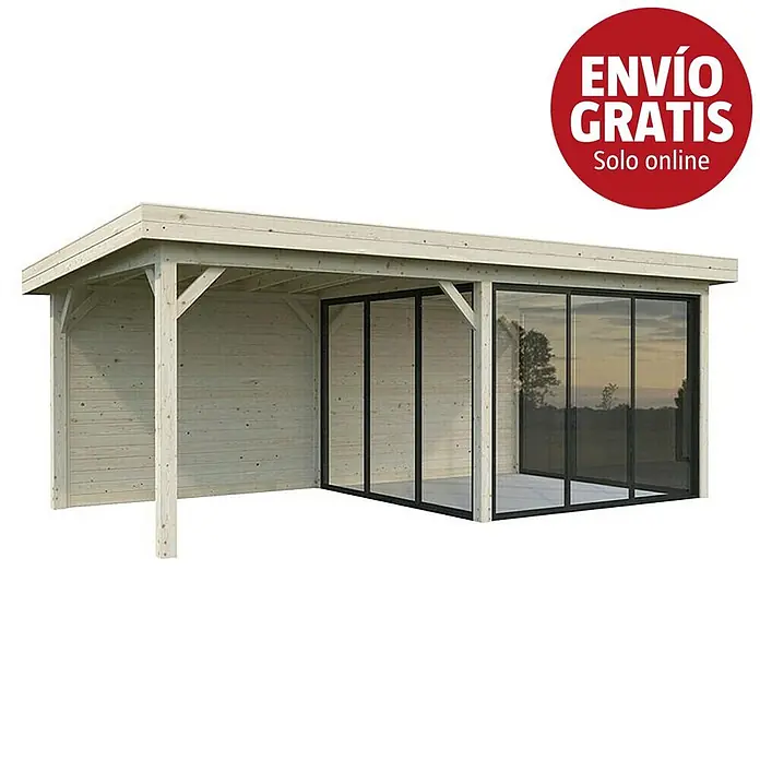 Palmako Caseta de jardín Lenna Set 706 Slide Plus - Medidas ext. (An x Pr): 628 x 340 cm, Madera, Natural - Pérgola de madera clara con un lado abierto y una sección cerrada con puertas corredizas de cristal de marco negro.
