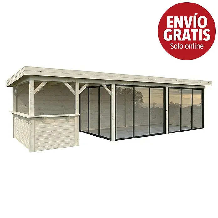 Palmako Caseta de jardín Lenna Set 419 Slide - Medidas ext. (An x Pr): 916 x 340 cm, Madera, Natural - Casa de jardín de madera clara con barra abierta y sección cerrada con paneles de vidrio.