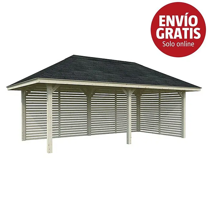 Palmako Pérgola estándar Bianca Set 109 - L x An: 672 x 384 cm, Madera, Natural - Carport de madera clara con paredes de lamas y techo oscuro.