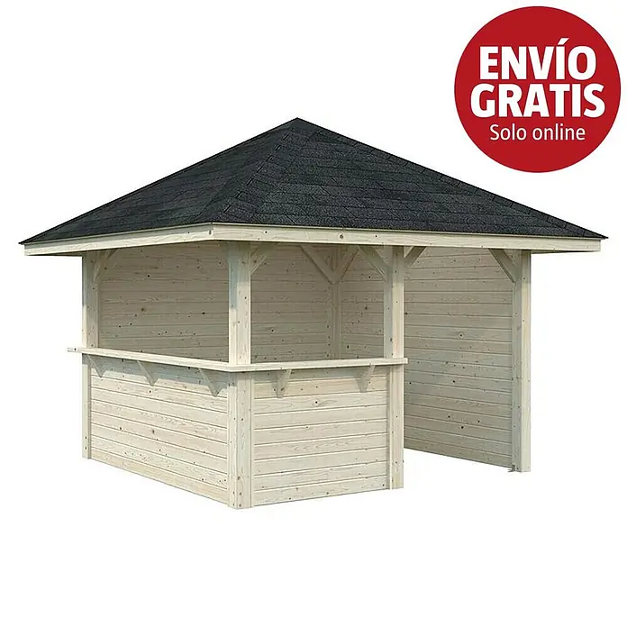 Palmako Pérgola estándar Bianca Set 103 - L x An: 384 x 384 cm, Madera, Natural - Cenador de madera con barra y techo de tejas oscuras.
