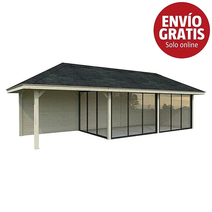 Palmako Caseta de jardín Bianca Set 217 Slide - Medidas ext. (An x Pr): 672 x 672 cm, Madera, Natural - Cenador de madera clara con techo negro y paneles de vidrio laterales.