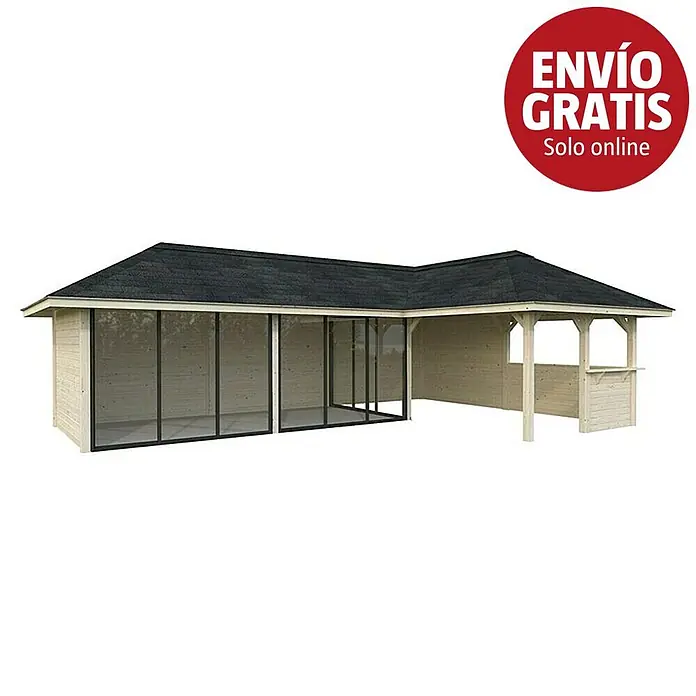 Palmako Caseta de jardín Bianca Set 520 Slide Plus - Medidas ext. (An x Pr): 960 x 672 cm, Madera, Natural - Cenador de jardín de madera en forma de L con techo oscuro, paredes de cristal y sección de barra abierta.