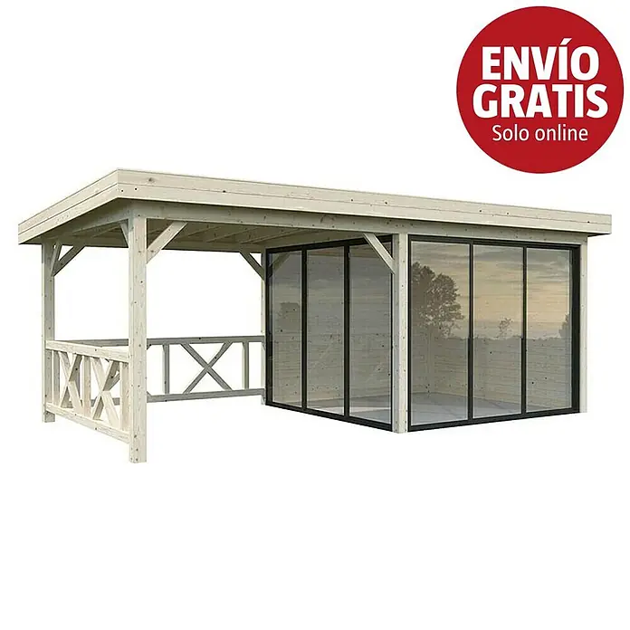 Palmako Caseta de jardín Lenna Set 403 Slide - Medidas ext. (An x Pr): 628 x 340 cm, Madera, Natural - Pérgola de madera clara con sección abierta y cuarto de jardín acristalado cerrado.