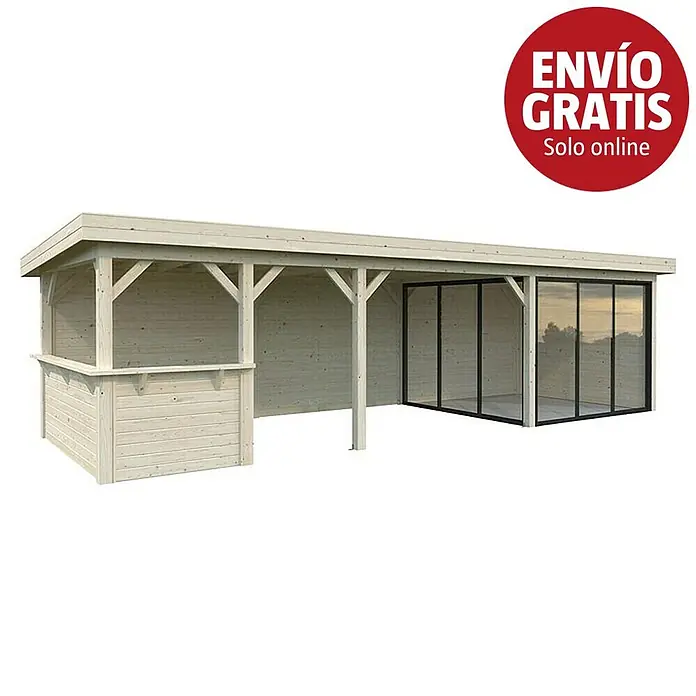 Palmako Caseta de jardín Lenna Set 715 Slide Plus - Medidas ext. (An x Pr): 916 x 340 cm, Madera, Natural - Pabellón de jardín de madera clara con barra abierta y habitación acristalada integrada.