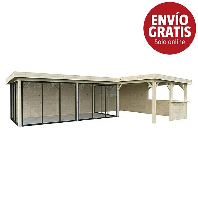 Palmako Caseta de jardín Lenna Set 721 Slide Plus - Medidas ext. (An x Pr): 916 x 628 cm, Madera, Natural - Cenador de jardín en forma de L de madera clara, con sección acristalada y zona de bar abierta.