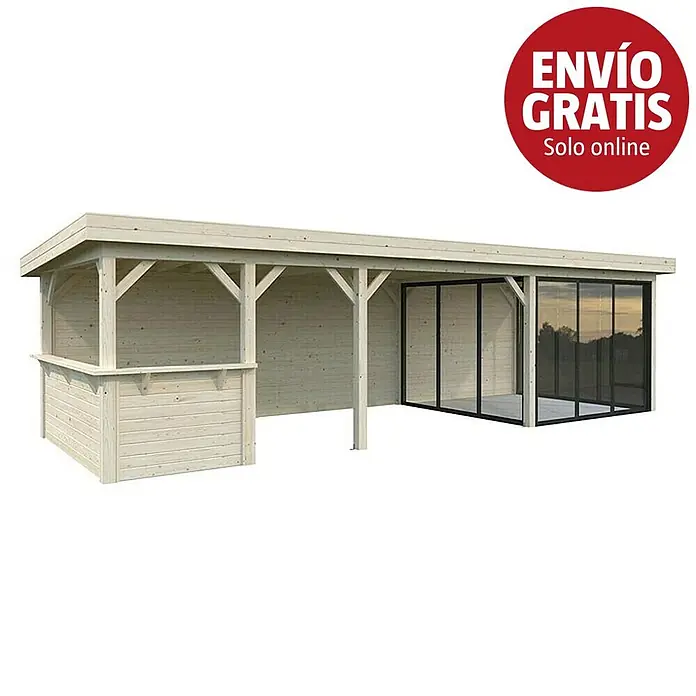 Palmako Caseta de jardín Lenna Set 716 Slide Plus - Medidas ext. (An x Pr): 916 x 340 cm, Madera, Natural - Caseta de jardín de madera clara con patio abierto y sección acristalada.