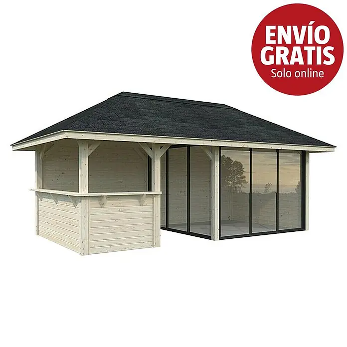Palmako Caseta de jardín Bianca Set 207 Slide - Medidas ext. (An x Pr): 672 x 384 cm, Madera, Natural - Cenador de madera con techo de tejas negras, con barra abierta y sección acristalada.