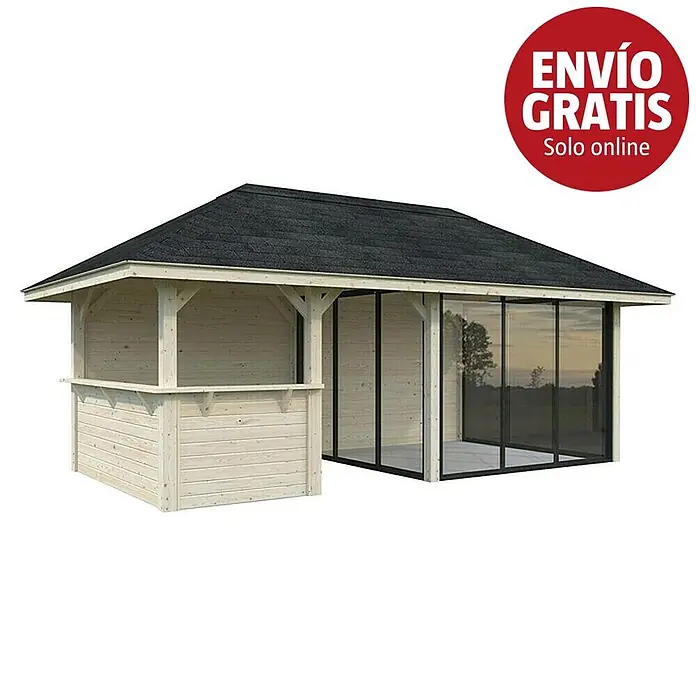 Palmako Caseta de jardín Bianca Set 508 Slide Plus - Medidas ext. (An x Pr): 672 x 384 cm, Madera, Natural - Cenador de madera con techo negro, área de bar abierta y sección cerrada con paneles de vidrio.