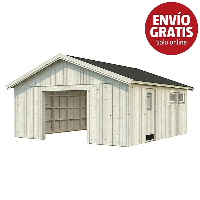 Palmako Garaje Andre sin puerta - Medidas ext. (An x Pr): 603 x 622 cm, Madera, Natural, 28,5 m² - Garaje o cobertizo de madera clara con techo oscuro, con entrada abierta y puerta lateral con ventanas.