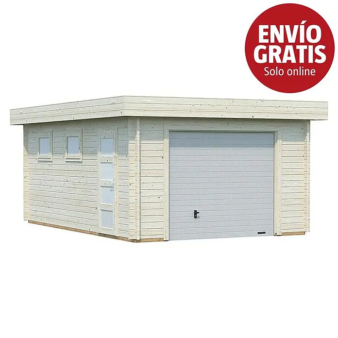 Palmako Garaje Rasmus con puerta seccional - Medidas ext. (An x Pr): 420 x 598 cm, Madera, Natural, 19 m² - Garaje de madera clara con puerta enrollable gris, ventanas laterales y puerta de acceso.