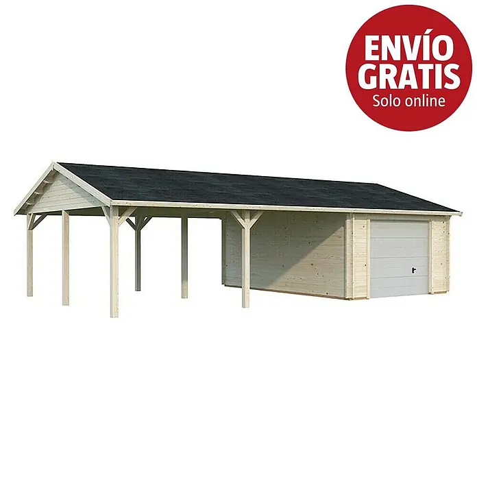 Palmako Garaje con carport Roger con puerta seccional - Medidas ext. (An x Pr): 1.006 x 619 cm, Madera, Natural, 52,2 m² - Garaje de madera con marquesina adjunta y techo oscuro, con puerta seccional blanca.
