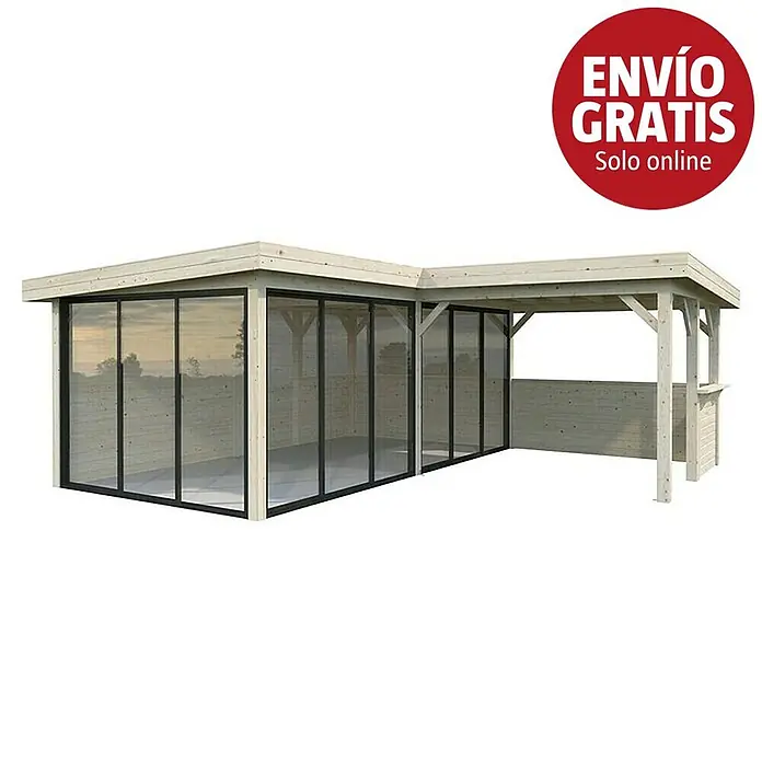 Palmako Caseta de jardín Lenna Set 723 Slide Plus - Medidas ext. (An x Pr): 628 x 628 cm, Madera, Natural - Pabellón de jardín en forma de L de madera clara con paredes de cristal en un lado y pérgola abierta en el otro.