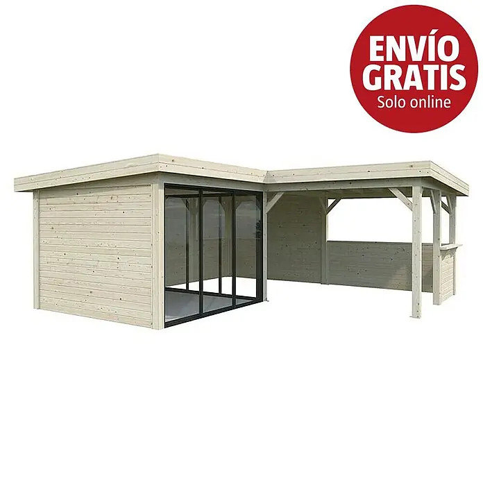 Palmako Caseta de jardín Lenna Set 409 Slide - Medidas ext. (An x Pr): 628 x 628 cm, Madera, Natural - Caseta de jardín de madera clara en forma de L con frontal de cristal y patio cubierto integrado.