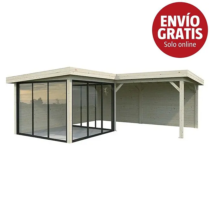 Palmako Caseta de jardín Lenna Set 712 Slide Plus - Medidas ext. (An x Pr): 628 x 628 cm, Madera, Natural - Cenador de jardín de madera en L con sección acristalada y porche abierto.